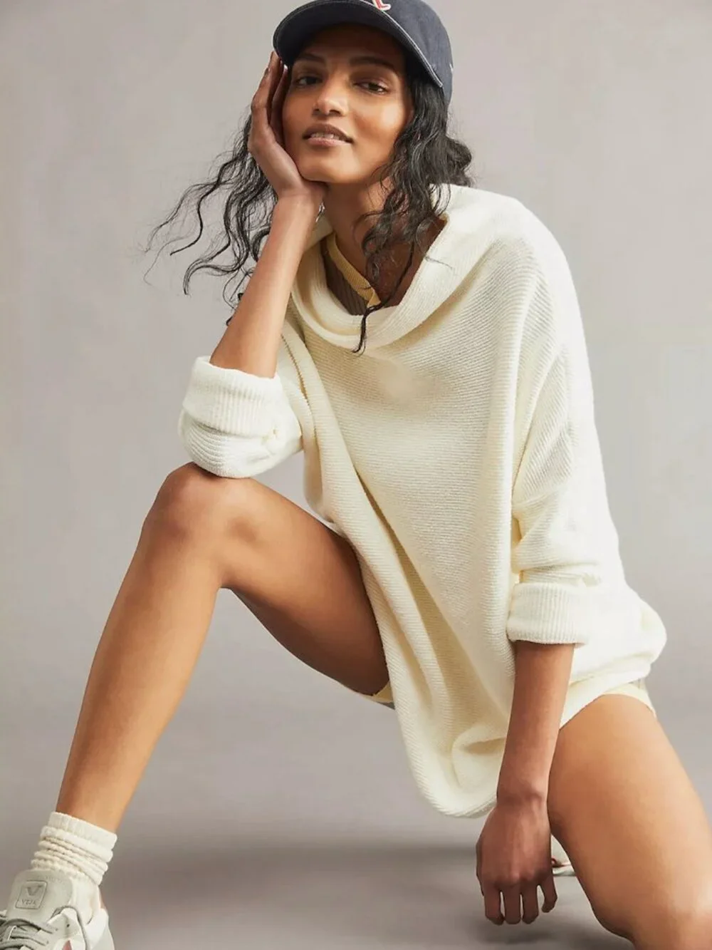 Free People Ottoman Slouchy Ribbed Stretch Knit Mock Neck Tunic Sweater Ivory, S